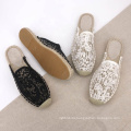 Black lace upper jute sole espadrille sandal slip on shoes for women